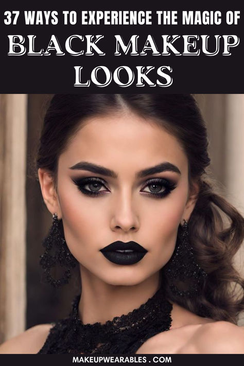 Black Makeup Looks Dark Eye Halloween Makeup, Princess Of Darkness Makeup, Makeup With Mask On, Black Eyelid Makeup, Natural Black Eye Makeup, Raven Makeup Look, Victorian Makeup Look Gothic, Dark Make Up Looks Eyeshadows, Black Smokey Eye For Brown Eyes