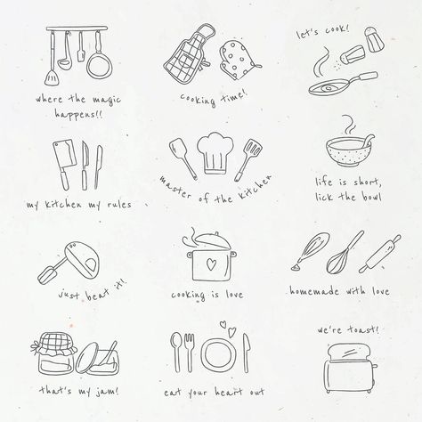 Baking Doodles Drawing, Chef Doodle Art, Recipe Book Doodles, Small Baking Tattoo Ideas, Kitchen Line Drawing, Kitchen Doodle Art, Cooking Tattoo Ideas For Women, Cookbook Doodles, Kitchen Tattoo Ideas