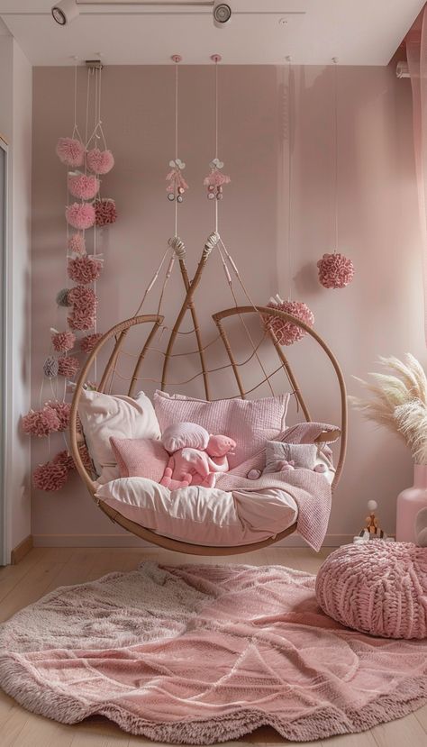 😍 🥰 Hanging Chair Girls Room, Pink Hammock, Bedroom Board, Sitting Nook, Girls Room Design, Room Vanity, Floral Bedroom, Pink Office, Kids Bedroom Designs