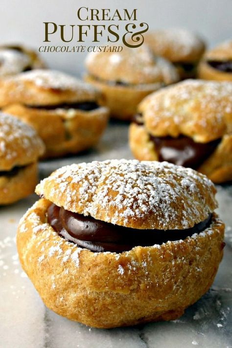 Cream Puffs & Chocolate Custard | Life, Love, and Good Food (scheduled via http://www.tailwindapp.com?utm_source=pinterest&utm_medium=twpin&utm_content=post1548063&utm_campaign=scheduler_attribution) Cream Puffs Chocolate, Chocolate Cream Puff, Cream Puff Recipe, Chocolate Custard, Puff Recipe, Custard Recipes, Mexican Dessert, Pastry Desserts, Chocolate Filling