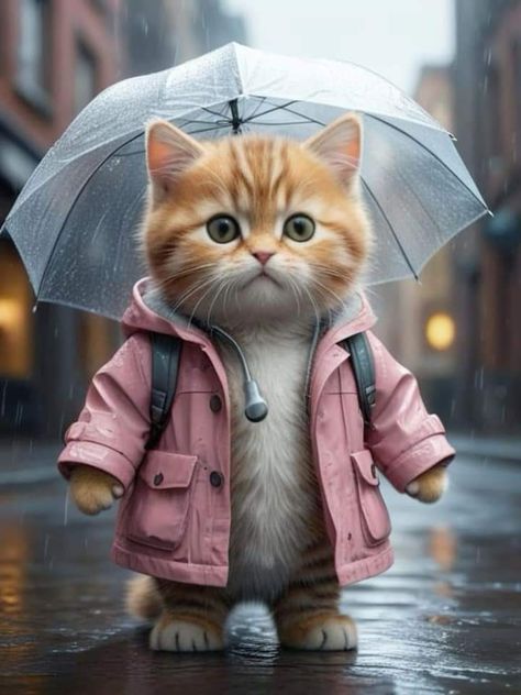 Cat With Umbrella, Cat In The Rain, Picture Cat, Orange Kitten, Pink Raincoat, Orange Kittens, Fat Cat, Rainy Day Activities, Cat Family