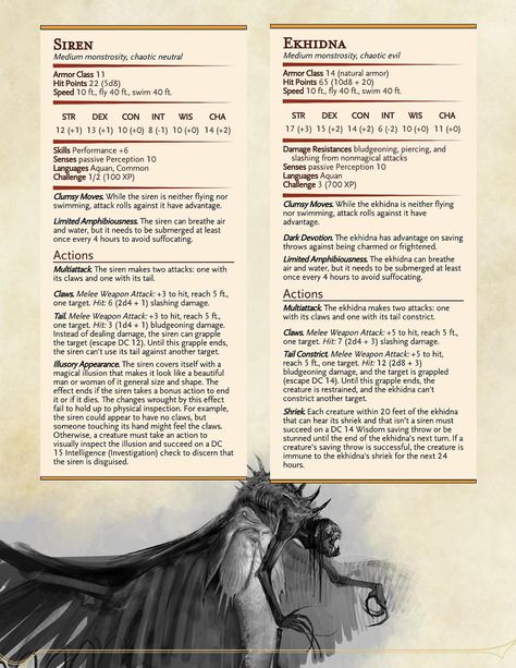 Another entry to the Book! The Sirens! Siren Creature, Greek Creatures, Witcher Monsters, Stat Block, Greek Monsters, Dnd Stats, Mythical Monsters, Dnd Ideas, Dungeons And Dragons Classes