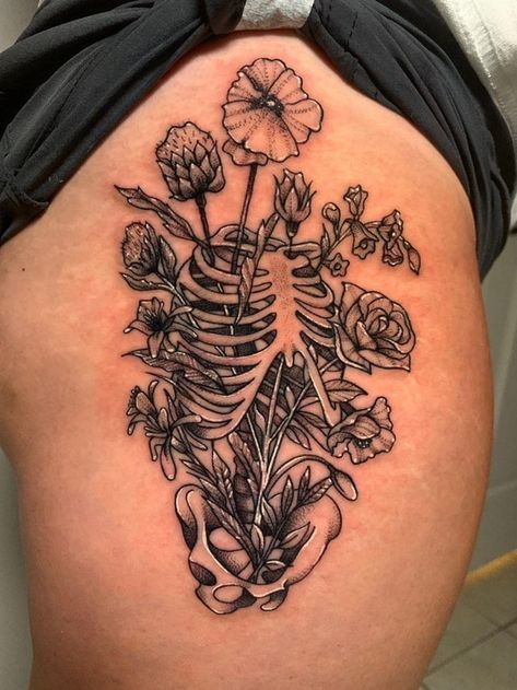 Skeleton Flower Tattoo, Skeleton Flower, Skeleton Tattoos, Spooky Tattoos, Flowers Tattoo, Sunflower Tattoo, Aesthetic Tattoo, Flower Tattoo Designs, Simplistic Tattoos