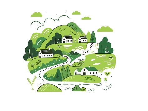 Vector line drawing of countryside | Premium Vector #Freepik #vector #town #illustration #map #line-drawing Cute Town Illustration, Town Map Illustration, Countryside Illustration, Town Illustration, Illustration Map, Town Map, Vector Line, Illustrated Map, Illustration Sketches