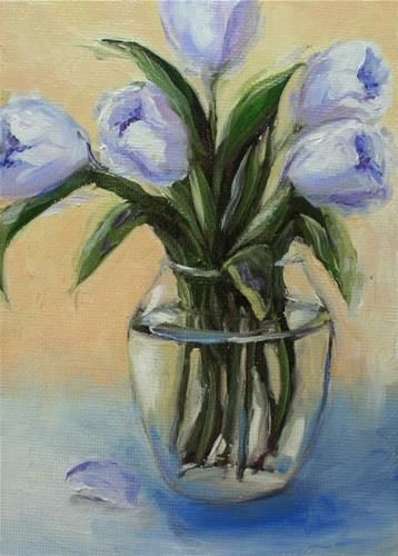 Daily Paintworks - "Lilac Tulips" - Original Fine Art for Sale - © Jean Nelson Blue Tulips Painting, Lilac Tulips, Sketchbook Aesthetic, Tulip Painting, Tulips In Vase, Blue Tulips, Painting Flowers, Glass Vases, Daily Paintworks