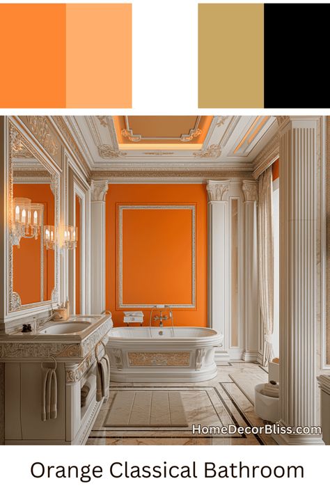 Classical Bathroom Inspiration: Striking Orange Walls and Marble Details Classical Bathroom Design, Classical Bathroom, Orange Backdrop, White Molding, Marble Detail, Wallpaper Walls Decor, Classical Design, Orange Walls, Wall Molding