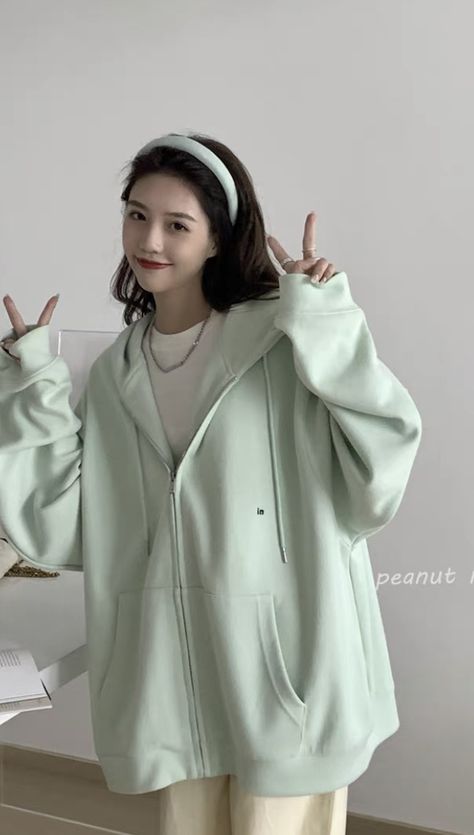 #cute #ootd #fashion #pinterest #autumn #spring #korean #asian #outfitideas #outfitinspiration #instagram #tiktok #aesthetic #recipe #photography Mint Hoodie, Cute Ootd, Green Raincoat, Tiktok Aesthetic, Hoodie Fits, Hoodie Outfit, Korean Outfits, Ootd Fashion, Mint Green