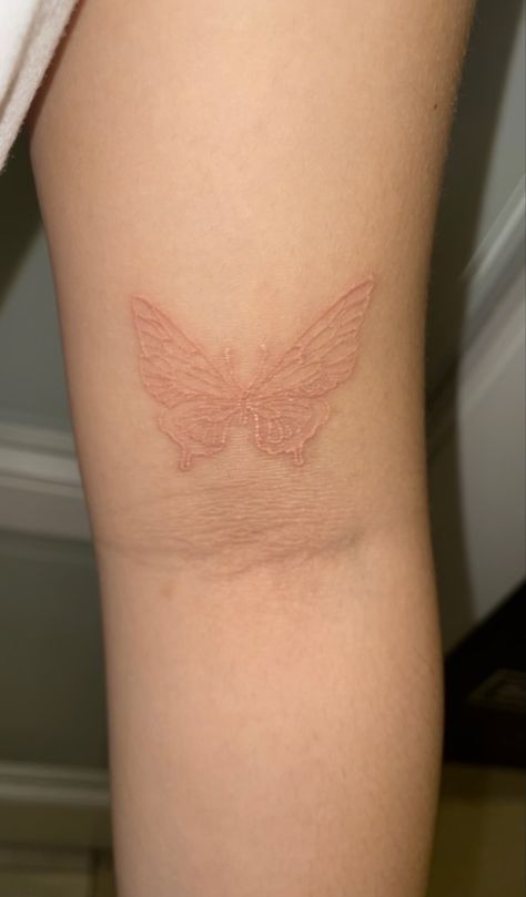 White Ink Tattoo Butterfly, Pale Pink Tattoo, White Ink Back Tattoo, Pink Line Tattoo, Light Butterfly Tattoo, Kana Tattoo, Butterfly Tattoo White, Light Pink Tattoo, Tattoo White Ink