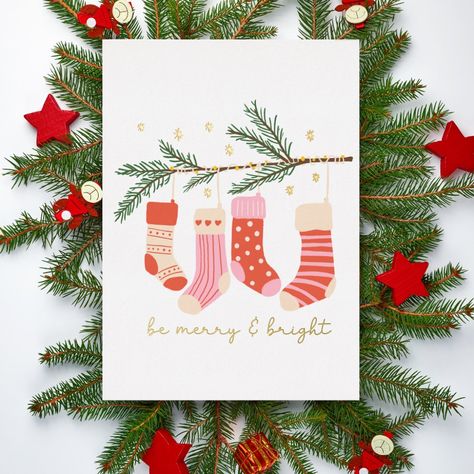 Send festive holiday cheer with this adorable seasonal Christmas card with gold foil. Card has red and pink stockings hanging on a pine tree branch with the text be merry and bright. Add your custom text on the back for a personalized touch, or delete if you prefer the note to be handwritten at a later time. Silver and rose gold foil is also available.  Makes a great addition to your home holiday card collection! Christmas Card Aesthetic, Christmas Card Lettering, Xmas Cards Ideas, Christmas Cards Design, Pretty Christmas Cards, Merry Christmas Card Design, Pink Christmas Cards, Pink Stockings, White Christmas Card