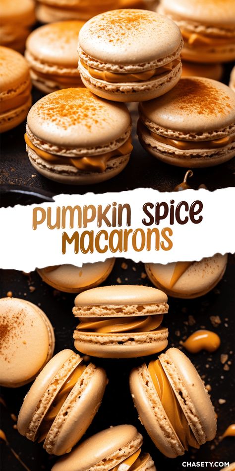 Pumpkin Spice Meringues, Pumpkin Spice French Macarons, Pumpkin Spice Macarons Recipe, Christmas Maccarone Recipes, Autumn Macaron Flavors, Pumpkin Spice Ganache, Pumpkin Macarons Recipe, Sourdough Macarons, Pumpkin Pie Macarons