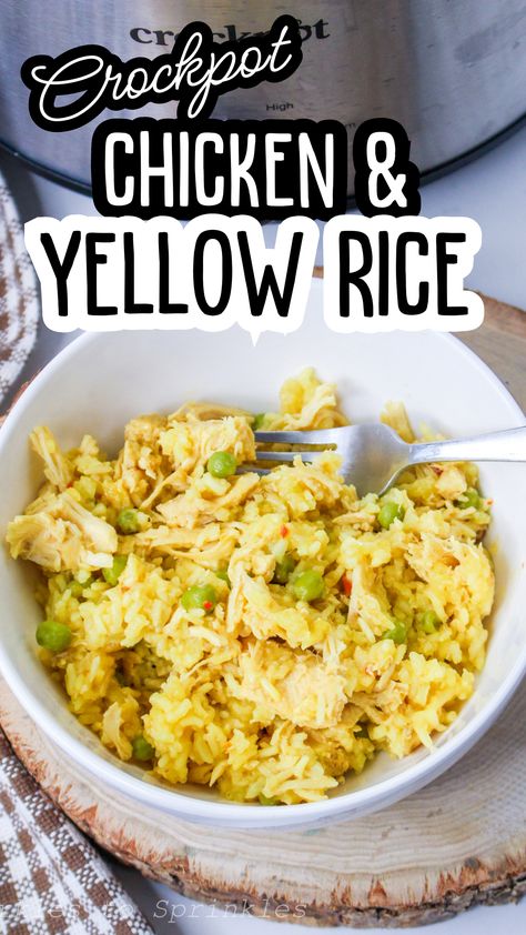 Crockpot chicken and yellow rice is so easy to make and full of so much flavor. All you need is chicken, onion, chicken broth, yellow rice, peas, and salt and pepper to make a meal that is quick and easy and will serve a crowd even on your busiest nights! Baked Chicken And Yellow Rice Recipe, Chicken And Yellow Rice Recipe, Rice In Crockpot, Yellow Rice Recipe, Chicken And Yellow Rice, Yellow Rice Recipes, Rice Peas, Savory Rice, Cooked Meal