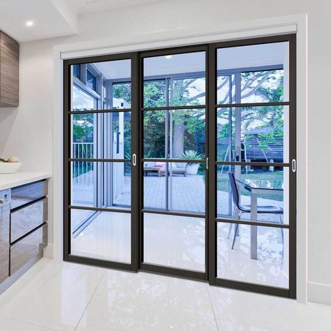 Sliding French Doors Patio Wood, Cristal Style Internal Doors, Glass Door With Black Metal Frame, Black Frame Sliding Glass Door, Black Glass Door Interiors, Black Sliding Doors Patio, Black Sliding Glass Door, Black Patio Doors, Modern Sliding Glass Doors