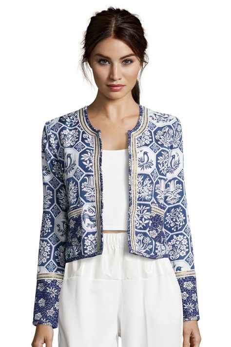 Boutique Evie Bird Brocade Gold Trim 2 Pocket Jacket at boohoo.com Blue Patterns, Batik Fashion, China Blue, Mode Boho, Pocket Jacket, Jacket Design, Mode Inspiration, Kebaya, Kurti Designs