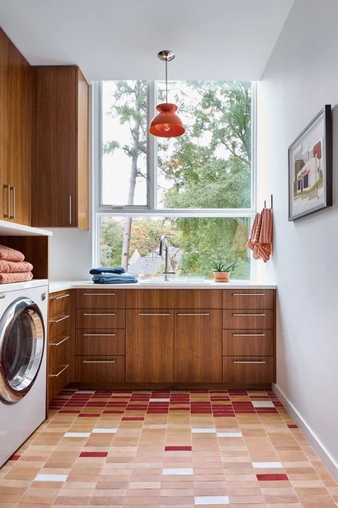 Raleigh Modern Ranch Mid Century Modern Laundry, Mid Century Laundry Room, Mid Century Laundry, Timeless Laundry Room, Patterned Tile Floor, What Is Interior Design, Modern Ranch House, Modern Laundry, Patterned Tile