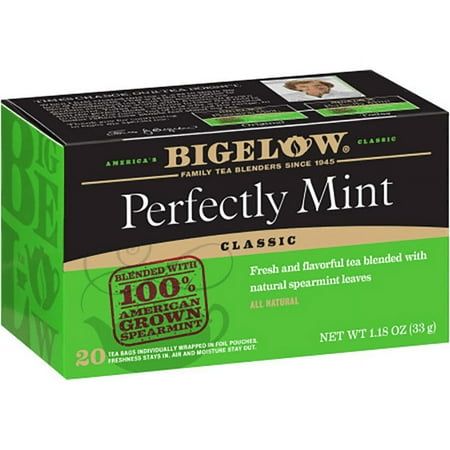 Perfectly Mint Tea from Bigelow is the perfect combination of rich, flavorful black tea and spearmint. Perfectly Mint Tea is clean and smooth with the perfect mint finish. 20 individual tea bags in foil pouches. Size: 20 BAG(S).  Color: Multicolor. Bigelow Tea, Spearmint Tea, Black Tea Bags, Vanilla Chai, Tea Store, Coconut Almond, Almond Bark, Mint Tea, Tea Tasting