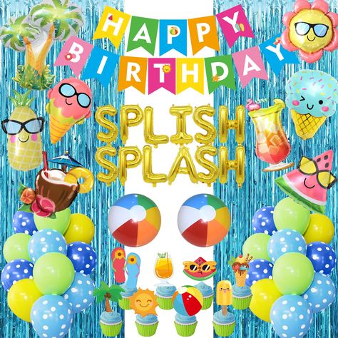 PRICES MAY VARY. Valuable Summer Birthday Decorations: The valuable package to meet your needs for the splish splash birthday bash party supplies. 63pcs- Include 1pcs ''SPLISH SPLASH'' foil balloons, 29pcs 12''deep blue dot/light blue dot/light green/yellow balloons, 1pcs happy birthday banner, 2pcs light blue rain curtain,16pcs summer theme cake toppers, 8pcs summer pool theme foil balloons, 2pcs beach ball balloons, 4pcs balloon installation tool(balloons arch strip, glue points, ribbons, tyin Splish Splash Birthday Bash, Splish Splash Birthday Party, Splish Splash Party, Ball Theme Party, Beach Birthday Decorations, Hawaii Party Decorations, Splash Party, Pool Beach Party, Beach Birthday Party