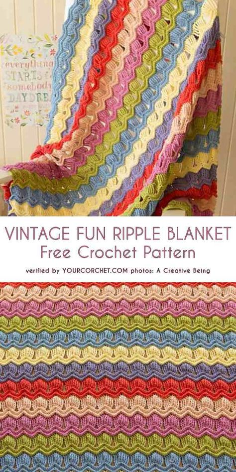 Vintage Fun Ripple Baby Blanket Free Crochet Pattern Crochet Borders For Ripple Blankets, Crochet Cals, Baby Blanket Free Crochet Pattern, Ripple Baby Blanket, Crochet Blanket Free, Crochet Quilt Pattern, Knitting Things, Ripple Blanket, Crochet Squares Afghan