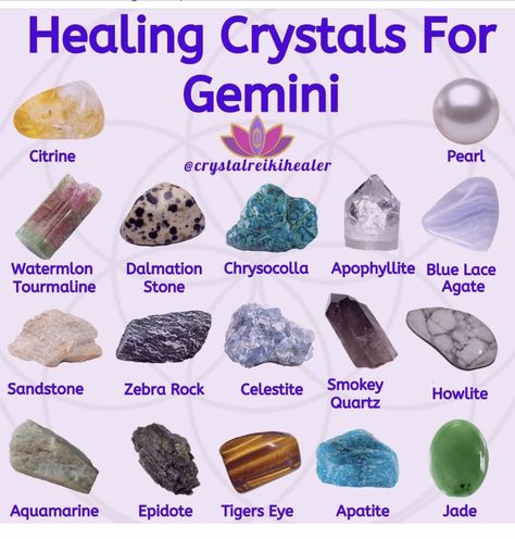 Healing Crystals for Gemini babies #crystaltherapy #healingcrystals #gemini #zodiac #astrology Gemini Crystals, Gemini Birthstone, June Gemini, Crystal Healing Chart, Gemini Season, Crystal Guide, Gemini Sign, Crystals Healing Properties, Spiritual Crystals