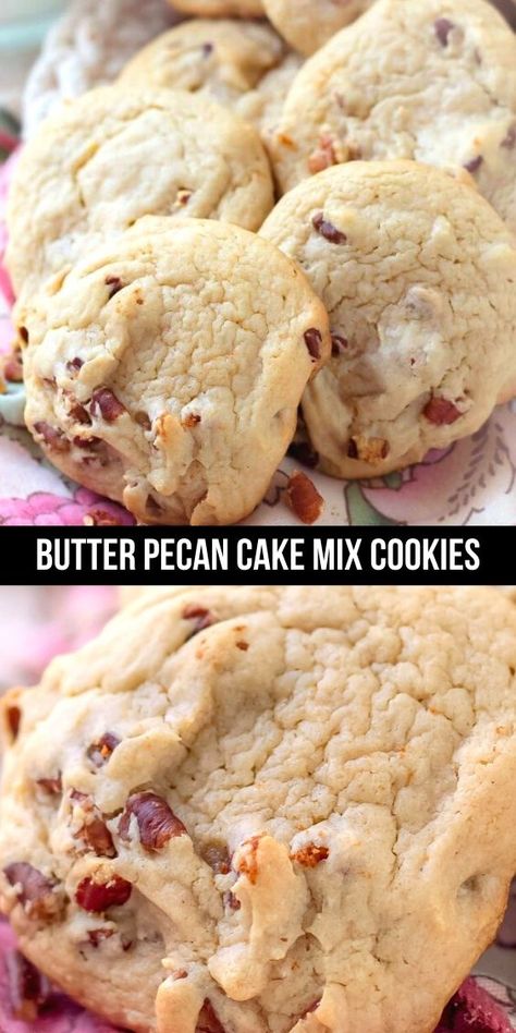 These cookies are made easy by using a Butter Pecan Cake Mix with Pudding in it and the addition of chopped pecans! Butter Pecan Pudding Cookies, Cake Mix Cookies Butter Pecan, Cookies From Butter Pecan Cake Mix Recipes, Easy Cookies From Cake Mix Boxes, Butter Pecan Cake Cookies, Chopped Pecan Recipes, Recipes Using Butter Pecan Cake Mix Boxes, Cookie Recipes With Pudding, Butter Pecan Box Cake Mix Recipes