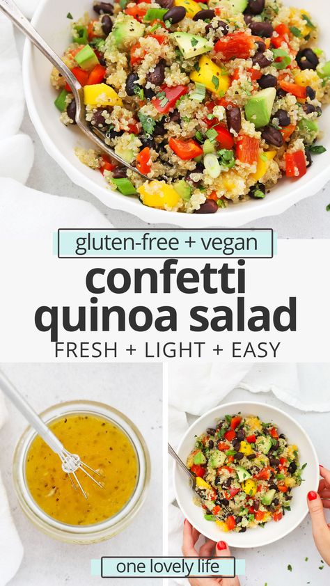 Confetti Quinoa Salad with Lime Dressing- One of my family's all time favorite recipes, this colorful healthy quinoa salad is perfect for picnics, potlucks, barbecues, lunches, meal prep, and more! (Gluten-Free, Vegan) // Healthy Quinoa Salad Recipe // Tex-Mex Quinoa Salad #quinoasalad #glutenfree #vegan #salad Tex Mex Quinoa, Salad With Lime Dressing, Healthy Quinoa Salad, Rice Salads, Quinoa Salad Recipe, Healthy Quinoa, Whole30 Dinners, Lime Recipes, Quinoa Healthy