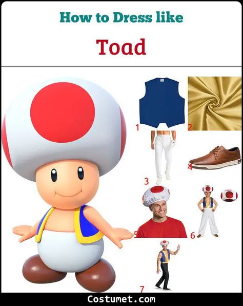 Toad and Toadette Costume from Super Mario for Cosplay & Halloween 2023 Trip Costumes, Toad And Toadette, Toadette Costume, Toad Costume, Mario Costume, Red And White Mushroom, Mushroom Head, Mario Games, Blue Vest