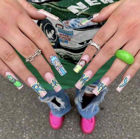 Rick E Morty, Disney Acrylic Nails, Halloween Acrylic Nails, Hippie Nails, Nail Drawing, Daily Nail, Glow Nails, Classy Acrylic Nails, Acrylic Nails Coffin Short