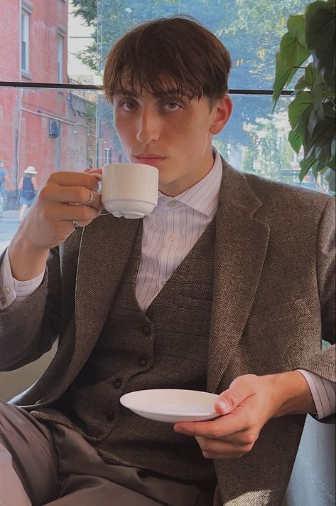 Poet Pose Reference, Holding A Teacup Reference, Holding Coffee Pose, Thomas Tapy, Body Man, Male Pose Reference, Art Outfit, Face Reference, Human Poses Reference