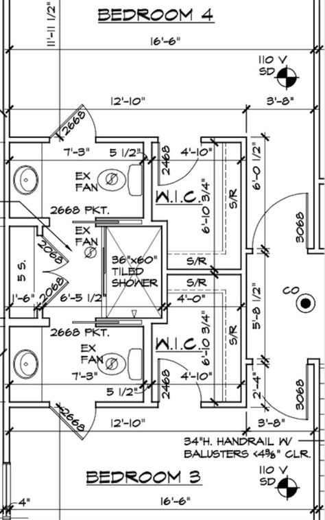 Another way to share a Jack and Jill bathroom ... the challenge is the privacy locking for the shower area so Child #3 can't lock #4 out of the shower area. Jack And Jill Bathroom Ideas Layout, Jack And Jill Bathroom Layout, Jack N Jill Bathroom Ideas, Bathroom Printables, Bathroom Floor Plans, 2 Bedroom House Plans, Bedroom Corner, Barndominium Floor Plans, Jack And Jill Bathroom