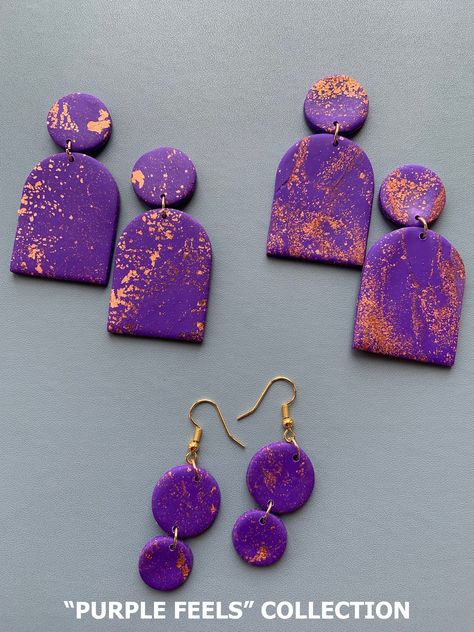 handmade polymer clay earrings, made for every occasion. bold dark purple design with rose gold details. very lightweight and durable. Purple Clay Earring Ideas, Elegant Purple Polymer Clay Earrings, Purple Clay Earrings, Purple Polymer Clay Earrings, Purple Flower Clay Earrings, Purple Flower Polymer Clay Earrings, Unique Purple Polymer Clay Earrings, Purple Polymer Clay Drop Earrings, Violet Earrings