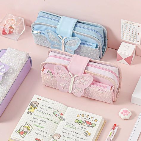 none Cute Pencil Pouches, School Pouch, Pretty School Supplies, Butterfly Cute, Kawaii Bag, Cute Pencil Case, Cute Pencil, Kawaii Pens, Korean Stationery