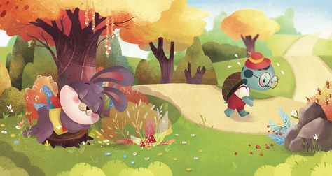 The Hare and the Tortoise on Behance The Hare And The Tortoise, Hare And The Tortoise, Photoshop Ipad, Hare Illustration, Book Illustration Layout, Book Illustration Design, Story Books Illustrations, Illustration Art Design, Cute Animal Illustration