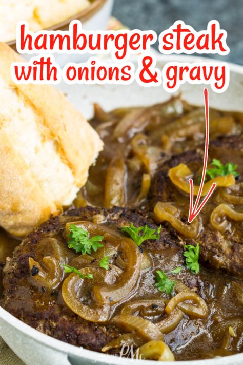 This is an easy-to-make classic Southern favorite. Dress up ground beef with rich brown gravy and caramelized onions. Hamburger Steak With Onions, Brown Gravy Recipe Easy, Hamburger Dinner, Steak With Onions, Hamburger Steak Recipes, Hamburger Steak And Gravy, Brown Gravy Recipe, Easy Gravy Recipe, Cowboy Casserole