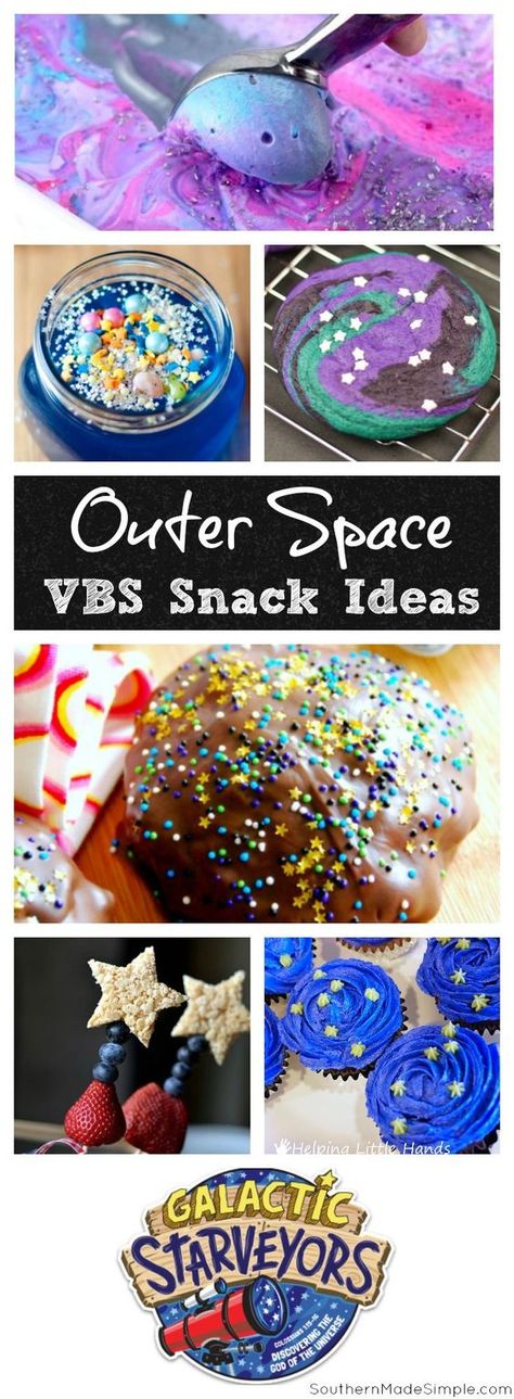 Galactic Starveyors VBS Snack Ideas | Outer space themed snack ideas - they're truly out of this world! Space Snack Ideas, Outer Space Vbs, Vbs Snack Ideas, Science Party Food, Bible School Snacks, Space Snacks, Space Vbs, Star Snacks, Theme Snack