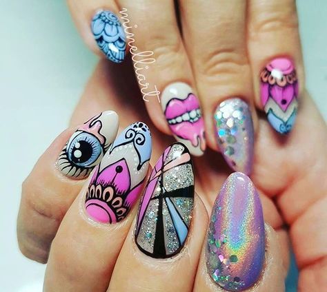 Nail Cute, Pop Art Nails, Funky Nail Art, Happy Nails, Exotic Nails, Crazy Nails, Cute Nail, Nail Style, Nails Only