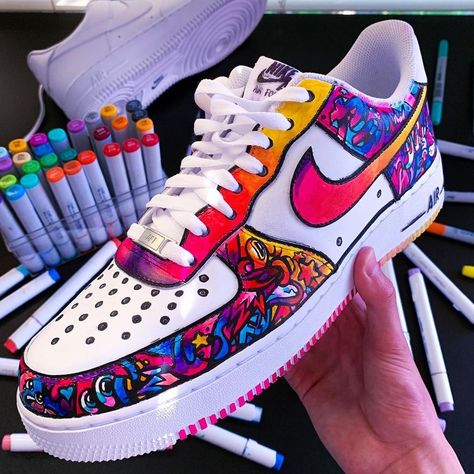 This limited / hype custom Nike Air Force One shoe is handmade and hand painted with acrylic paints (it is both a men's and women's sneaker, a unisex sneaker and a perfect birthday gift or purchase for a sneakerhead). It is available now on The Custom Movement by Shrimpyyt, one of many talented artists you can find on The Custom Movement. Sepatu Air Jordan, Air Force One Shoes, Painted Shoes Diy, Custom Sneakers Diy, Custom Painted Shoes, Diy Sneakers, Custom Shoes Diy, Nike Shoes Air Force, Nike Shoes Air