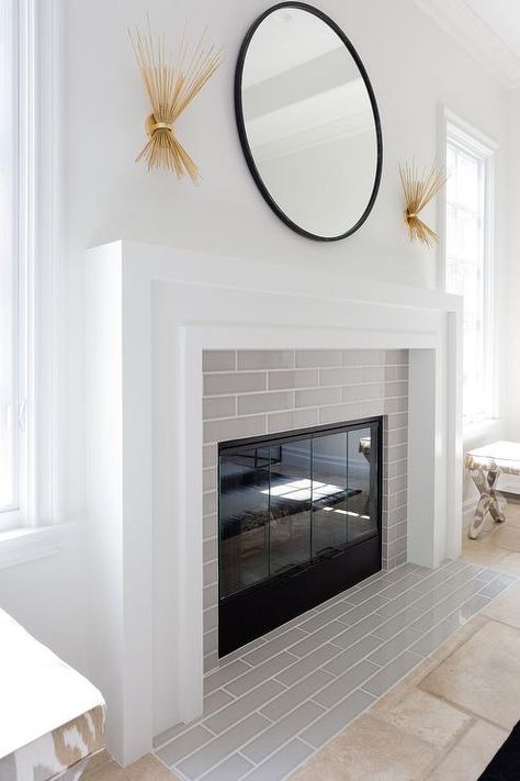 Kelly Wearstler Strada 2 Light Wall Sconces Fireplace Ideas Low Ceiling, Minimal Fireplace, Farmhouse Fireplace Decor, Fireplace Mantel Designs, Fireplace Tile Surround, Mantel Design, White Fireplace, Farmhouse Fireplace, Corner Fireplace