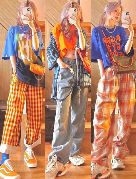 Cute Colorful Outfits Korean, Colorful Grunge Aesthetic Outfits, Grunge Outfits Colorful, Colorful Kpop Outfits, Streetwear Fashion Colorful, Colorful Alt Outfits, Colorful Y2k Outfits, Colorful Grunge Outfits, Colorful Aesthetic Outfits