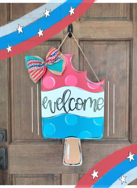 Door Signs Diy, Wooden Door Hanger, Summer Door Hanger, Wooden Door Hangers, Wood Creations, Custom Decor, Wood Cutouts, Blue Polka Dots, Hello Summer