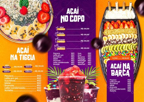 Baixar Modelo de Cardápio de Açaiteria Açaí PSD Editável.zip no Designi. Acai Menu Design, Adobe After Effects Tutorials, Post Instagram, Menu Design, Granola, Nutella, Restaurant, Social Media, Bar