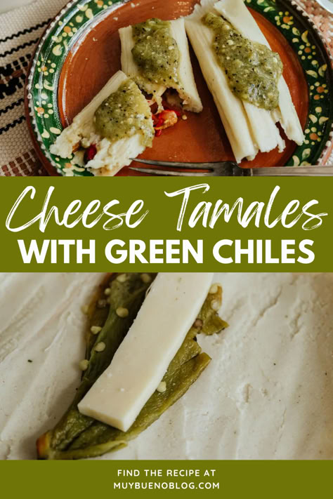 These Green Chile & Cheese Tamales feature tender corn masa, roasted Anaheim pepper rajas, and creamy Oaxaca cheese for a deliciously balanced bite. This vegetarian tamales recipe makes just 18, perfect for when you have a craving but don’t have the stamina to make a giant Christmas-sized batch. Corn Free Tamales, Green Chile Cheese Tamales, Corn Tamales Recipe Mexico, Vegetarian Tamales Recipe, Home Made Tamales, Green Chili Tamales Recipes, Unique Tamales, Green Chili And Cheese Tamales, Green Corn Tamales Recipe