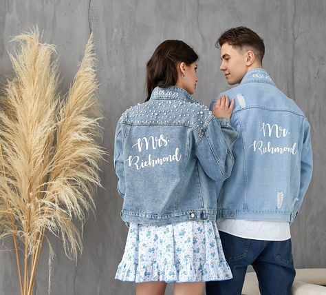 Bride And Groom Jean Jackets, Mr And Mrs Denim Jackets, Mrs Jean Jacket Wedding, Groom In Jeans, Light Blue Wedding Colors, Customized Denim, Jeans Wedding, Wedding Jackets, Wedding Titles