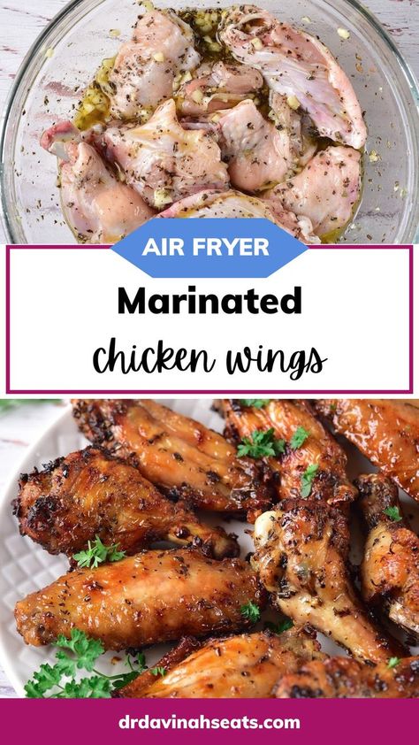 This Air Fryer Marinated Chicken Wings recipe is crispy and delicious! These wings are marinated to juicy, flavorful perfection and then air-fried to crispy golden goodness. Elevate your game day or party snacks with this crowd-pleaser. Try it now! #AirFryerRecipes #ChickenWings #GameDaySnacks #appetizers Leftover Chicken Wings, Wings In Air Fryer, Marinated Chicken Wings, Air Fry Chicken Wings, Air Fryer Wings, Wings Recipes, Reheat Chicken, Bbq Chicken Wings, Crispy Wings