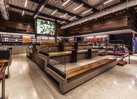 Starbucks just opened a new location with stadium style seating Starbucks Interior, Stadium Seating, Starbucks Locations, Starbucks Store, Cafe Seating, Stadium Seats, Sports Stadium, Commercial Interior Design, Cafe Design