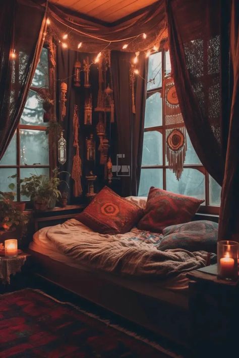 Boho Witchy Bedroom, Witchy Bedroom Ideas, Witchy Bedroom, Comfy Bedroom, Dark Bedroom, Bedroom Decor For Couples, Dark Home Decor, Dark Home, Relaxing Bedroom