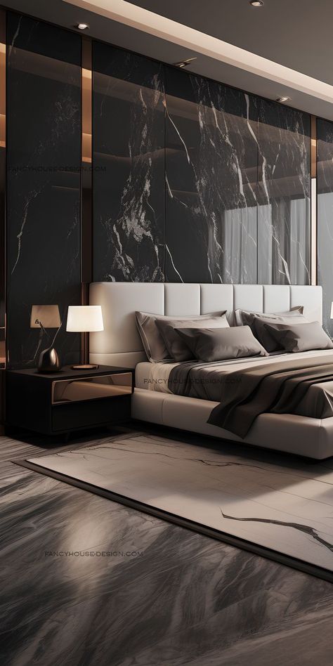 In this modern bedroom, the interior design focuses on neutral tones and textures. A striking marble headboard adds luxury to this master bedroom. Marble Headboard, Modern Luxury Bedroom Furniture, Marble Bedroom, Bedroom Ideas Luxury, Luxe Bed, Grey Bedroom Decor, Luxe Bedroom, Bedroom Interior Design Luxury, Modern Luxury Bedroom