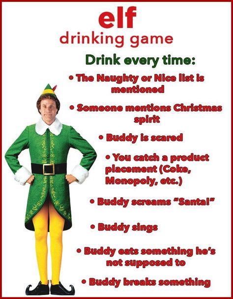 “Buddy the Elf, what’s your favorite drink?” | 10 Christmas Movie Drinking Games You Need To Play This Year Elf Drinking Game, Christmas Drinking Games, Pta Board, Movie Drinking Games, Christmas Movie Night, Christmas Drinking, Centerpiece Christmas, Drinking Game, Christmas Tablescape