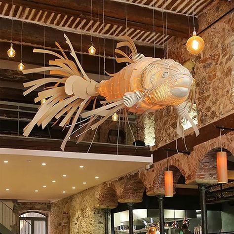 Fish Lamp Hanging Wood Pendant Light Veneer Rattan Chandelier Lighting Restaurant Decorative Light - Etsy Rattan Lights, Hanging Lights Wedding, Lighting Restaurant, Rattan Ball String Lights, Fish Lanterns, Wicker Lamp Shade, Chandelier Makeover, Bamboo Chandelier, Rattan Light Fixture