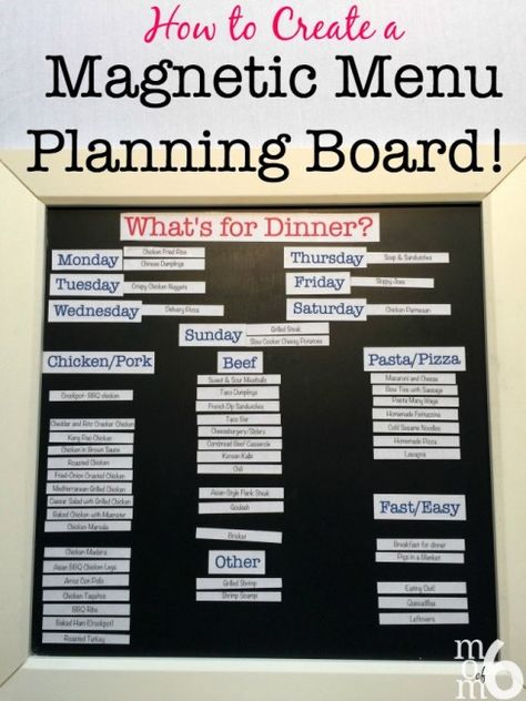 To answer the question, "What's for dinner?", I have been using a magnetic menu planning board for years now. I love how it makes the actual menu planning process so simple- all I have to do to pick and choose family dinners from my previously prepared list, and just move them into their daily spot. Menu Planning Board, Menu Board Diy, Weekly Menu Boards, Getting Organized At Home, Weekly Menu Planners, Weekly Menu Planning, Organization Chart, Planning Board, Organization Board