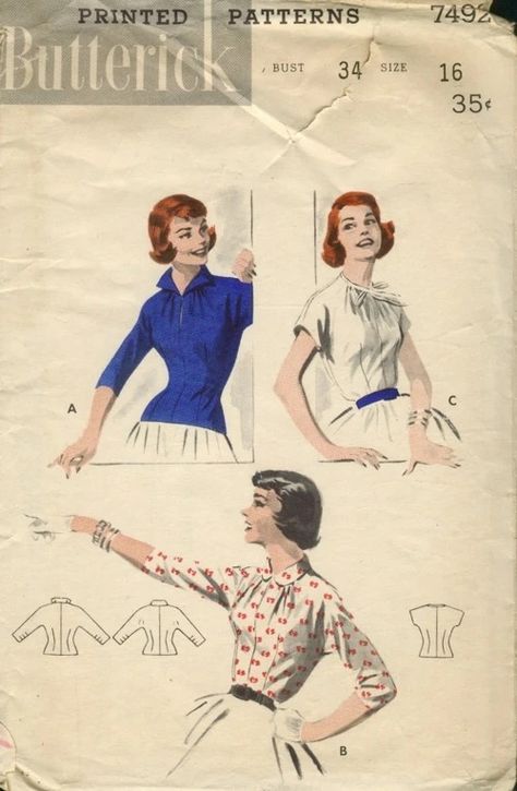 Butterick 7492; ca. 1955; Detailed Neckline Blouse: Three Styles. (A) Long line, fitted overblouse with stand-up wing collar, below-elbow sleeves. (B) Tuck-in version with Peter Pan collar, below-elbow sleeves. (C) Tie neckline, abbreviated sleeves. [insert your photos of this pattern made up] [insert your username, and make sure your preferences allow for people to contact you via e-mail. Do not list your email address here!] Wing Collar, Elbow Sleeve, Pan Collar, Peter Pan Collar, Email Address, Pattern Making, Peter Pan, Stand Up, Sewing Patterns