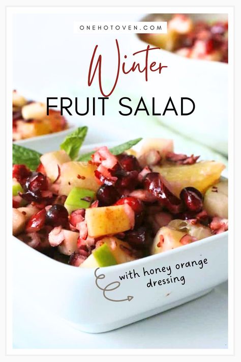 winter fruit salad in a bowl Fruit Side Dish For Christmas, Fruit Salad With Pomegranate Seeds, Warm Fruit Salad, Pomegranate Fruit Salad, Pomegranate Salad Recipes, Cranberry Fruit Salad, Apple Fruit Salad, Winter Fruit Salad Recipe, Holiday Fruit Salad